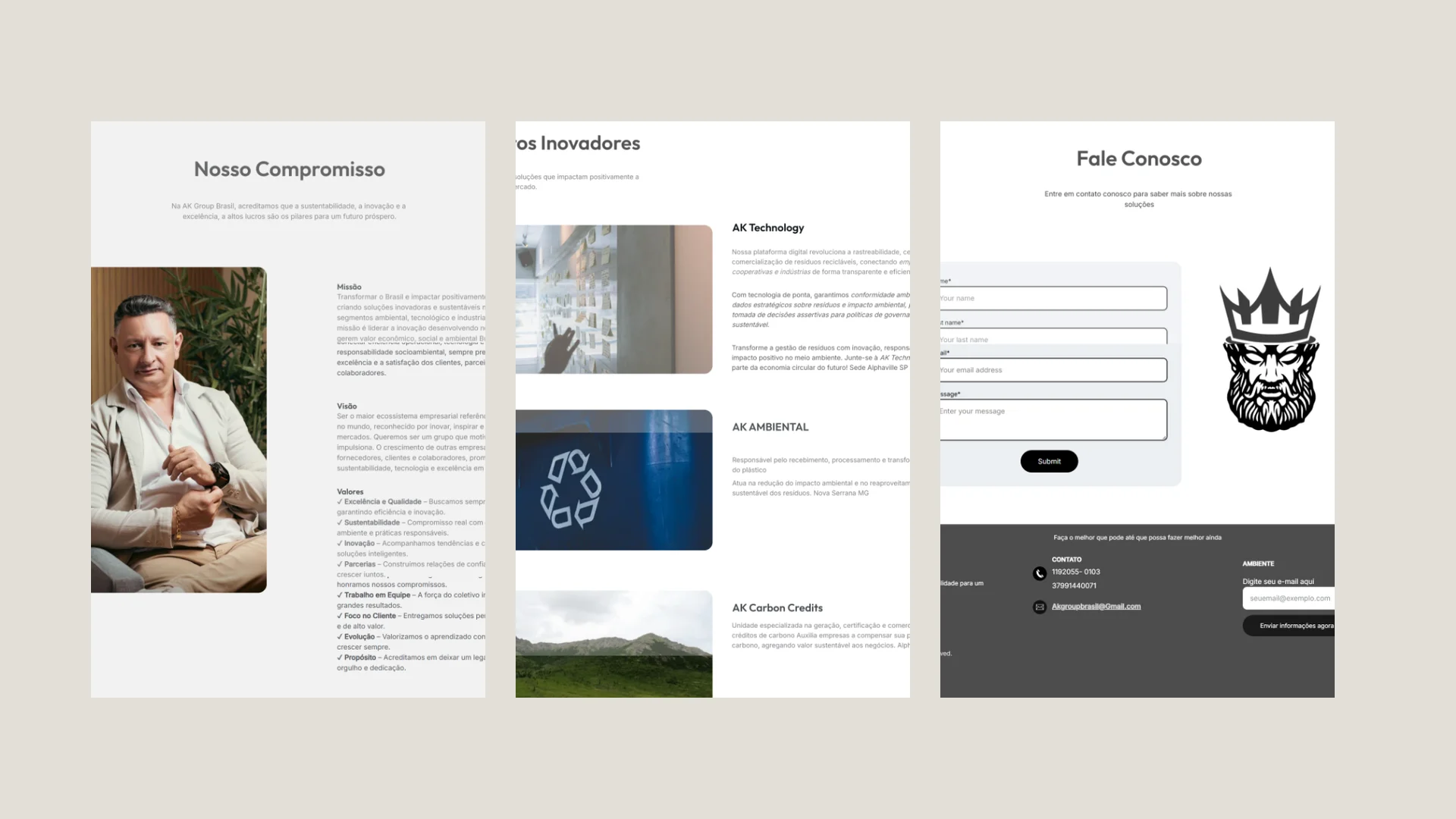 Três telas do site do Ak Group: compromisso, projetos do grupo e contato.