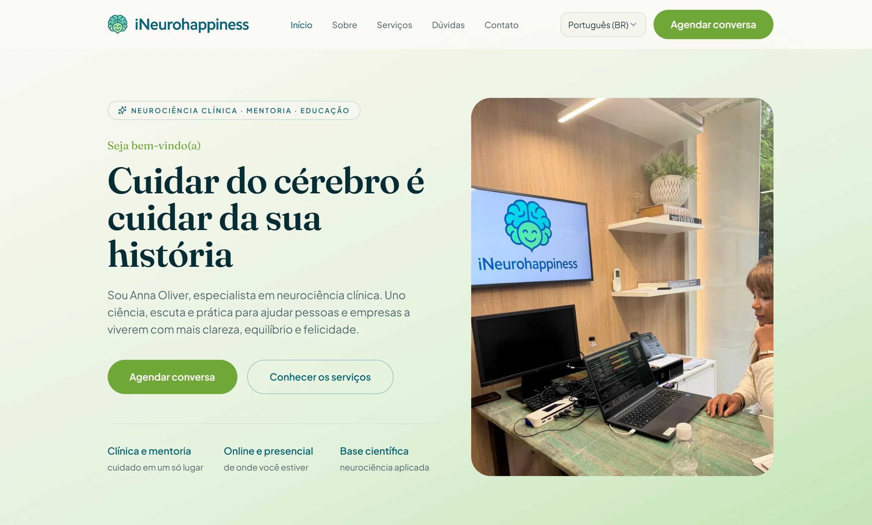 Página inicial do site da iNeurohappiness: título Cuidar do cérebro é cuidar da sua história e foto do consultório.