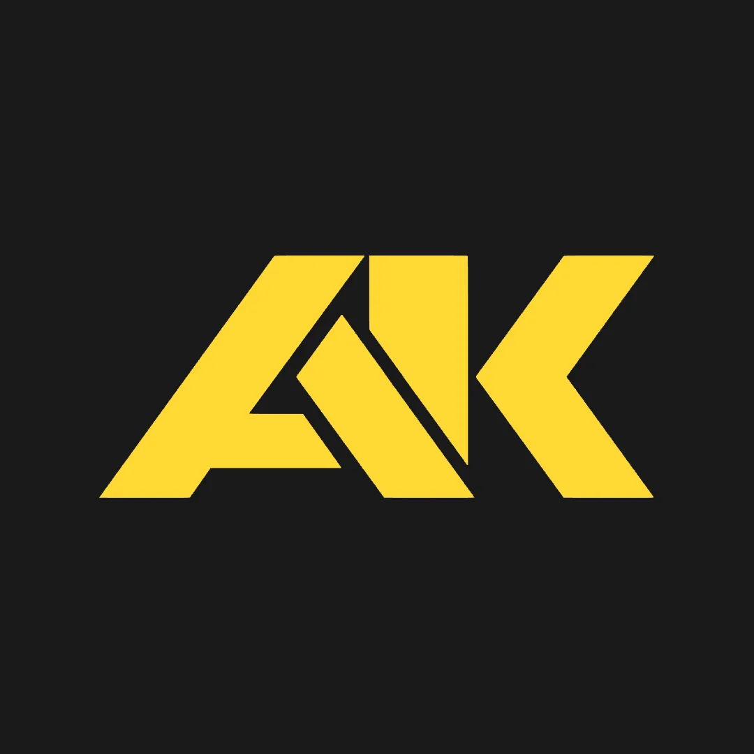 Monograma AK em amarelo sobre preto.