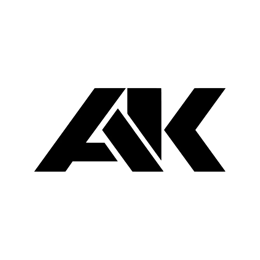 Monograma AK em preto sobre branco.