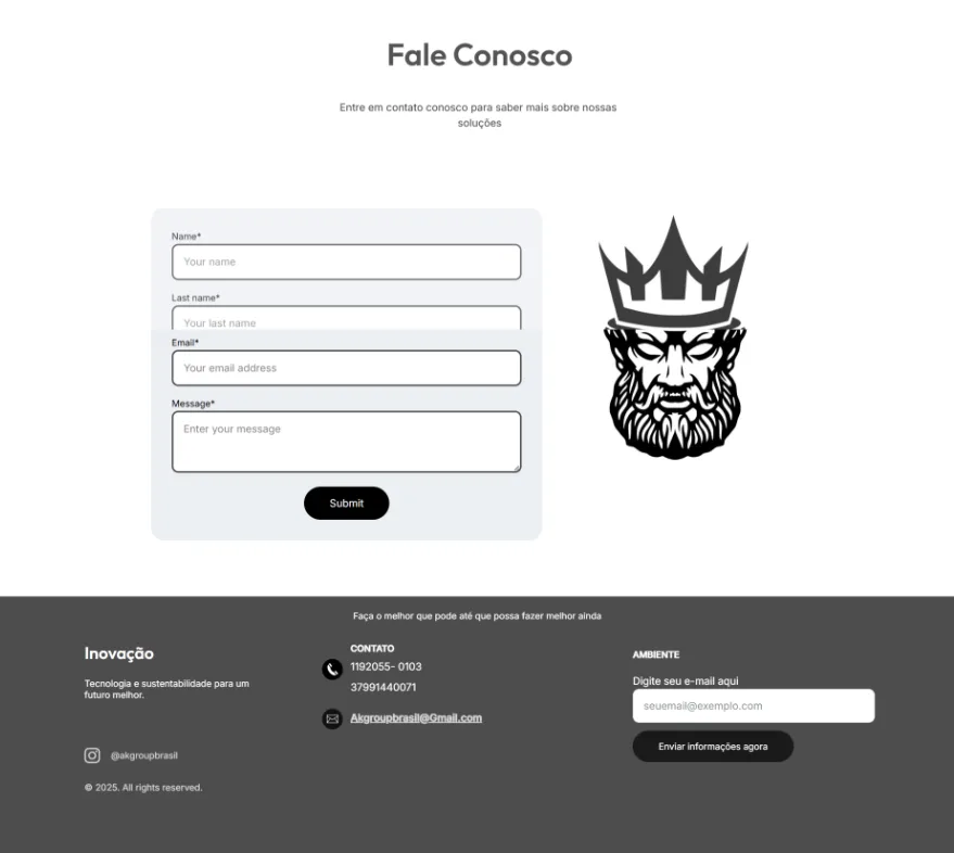 Seção Fale conosco, com formulário de contato e o símbolo do grupo.