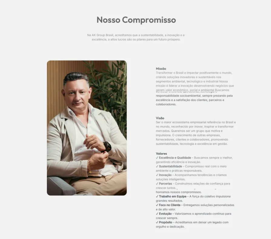 Seção Nosso compromisso, com missão, visão e valores do grupo.