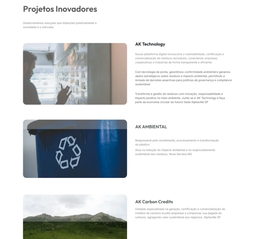 Seção de projetos, com as empresas Ak Technology, Ak Ambiental e Ak Carbon Credits.