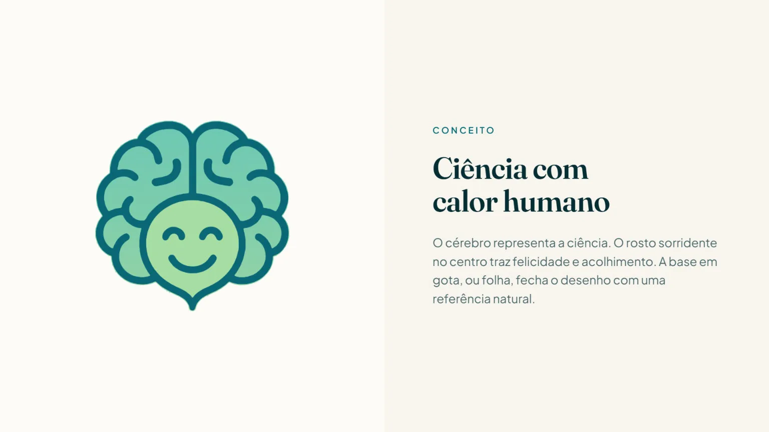 Conceito do símbolo: ciência com calor humano, um cérebro com rosto sorridente.