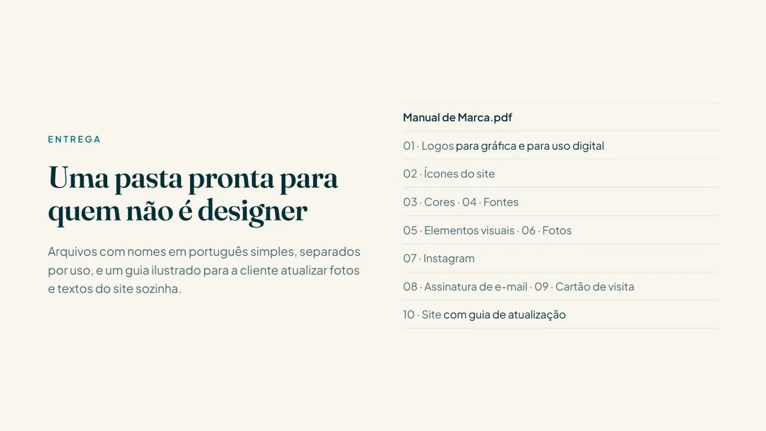 A entrega: pasta organizada com manual, logos, ícones, cores, fontes e guia de uso.