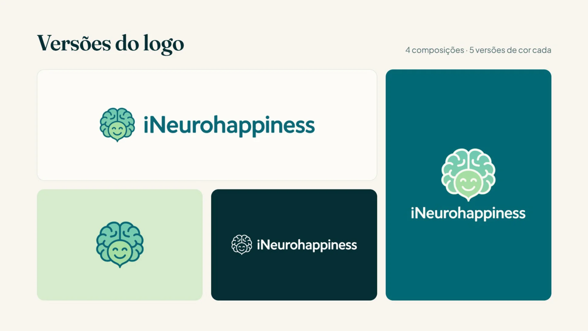 Versões do logo da iNeurohappiness, um cérebro sorridente, em fundos claro, verde, escuro e teal.