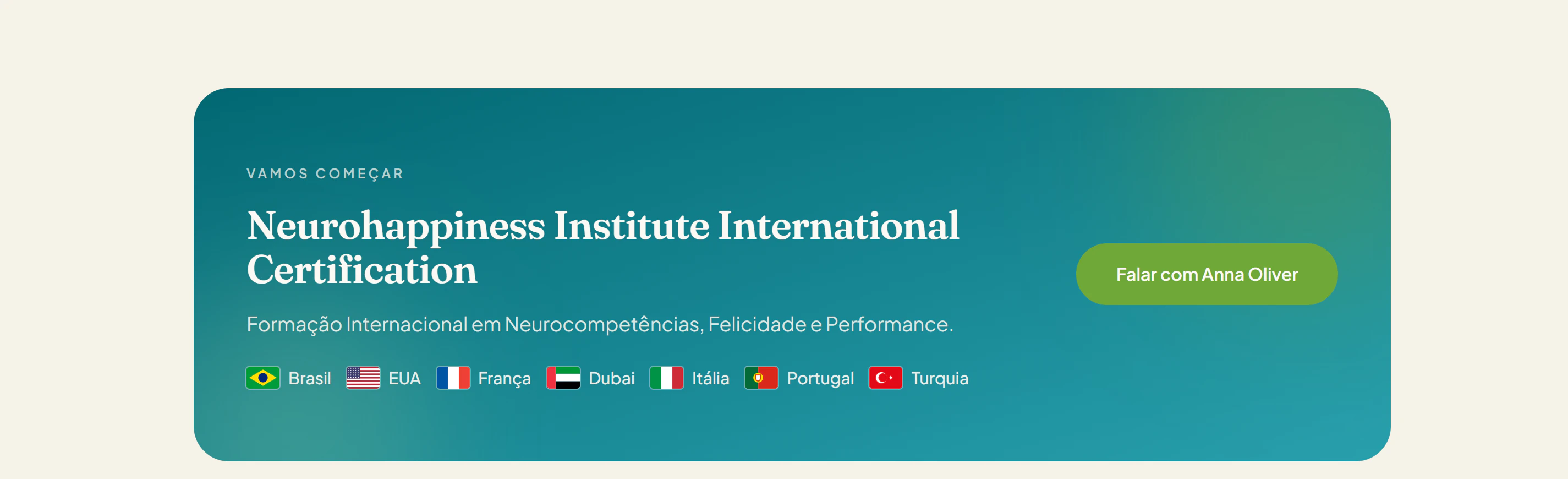 Chamada para a certificação internacional do instituto, com os países atendidos.