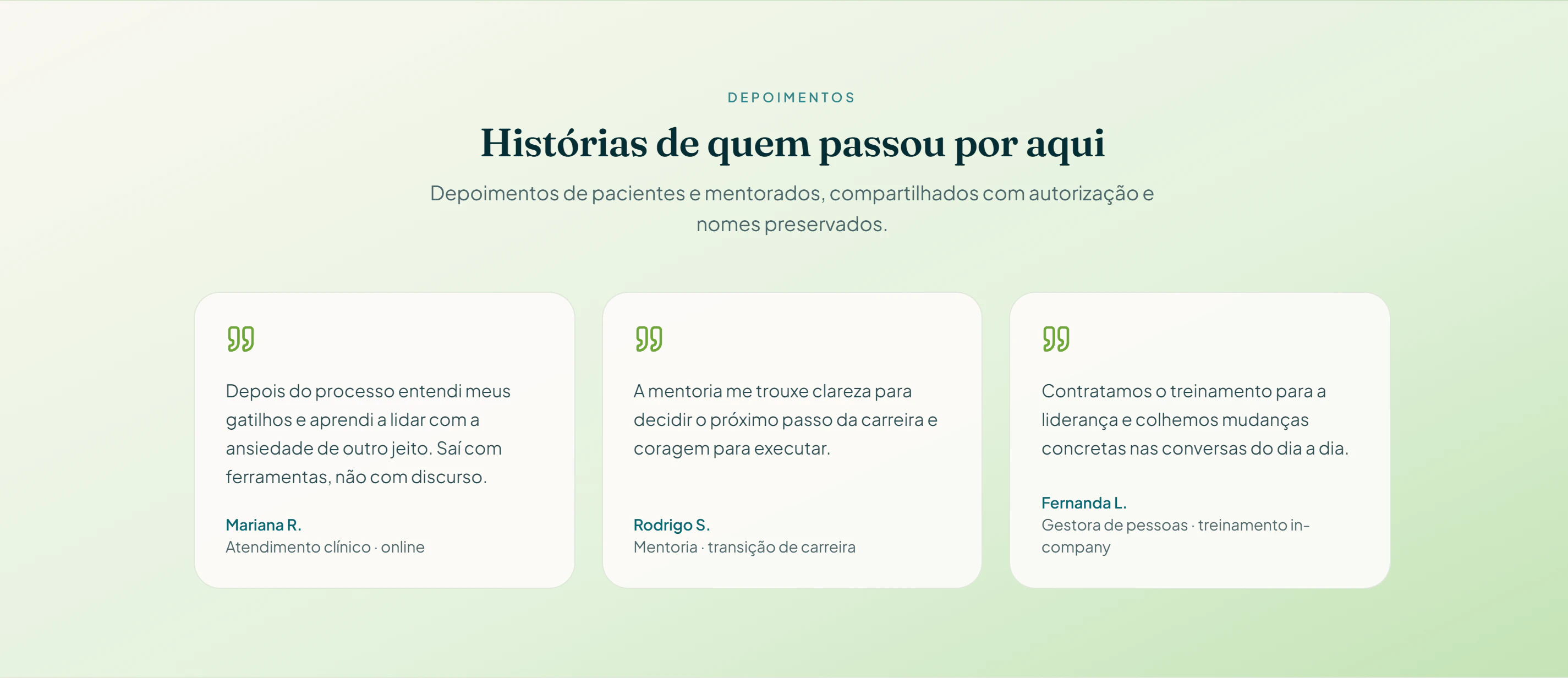 Seção de depoimentos de pacientes e mentorados.