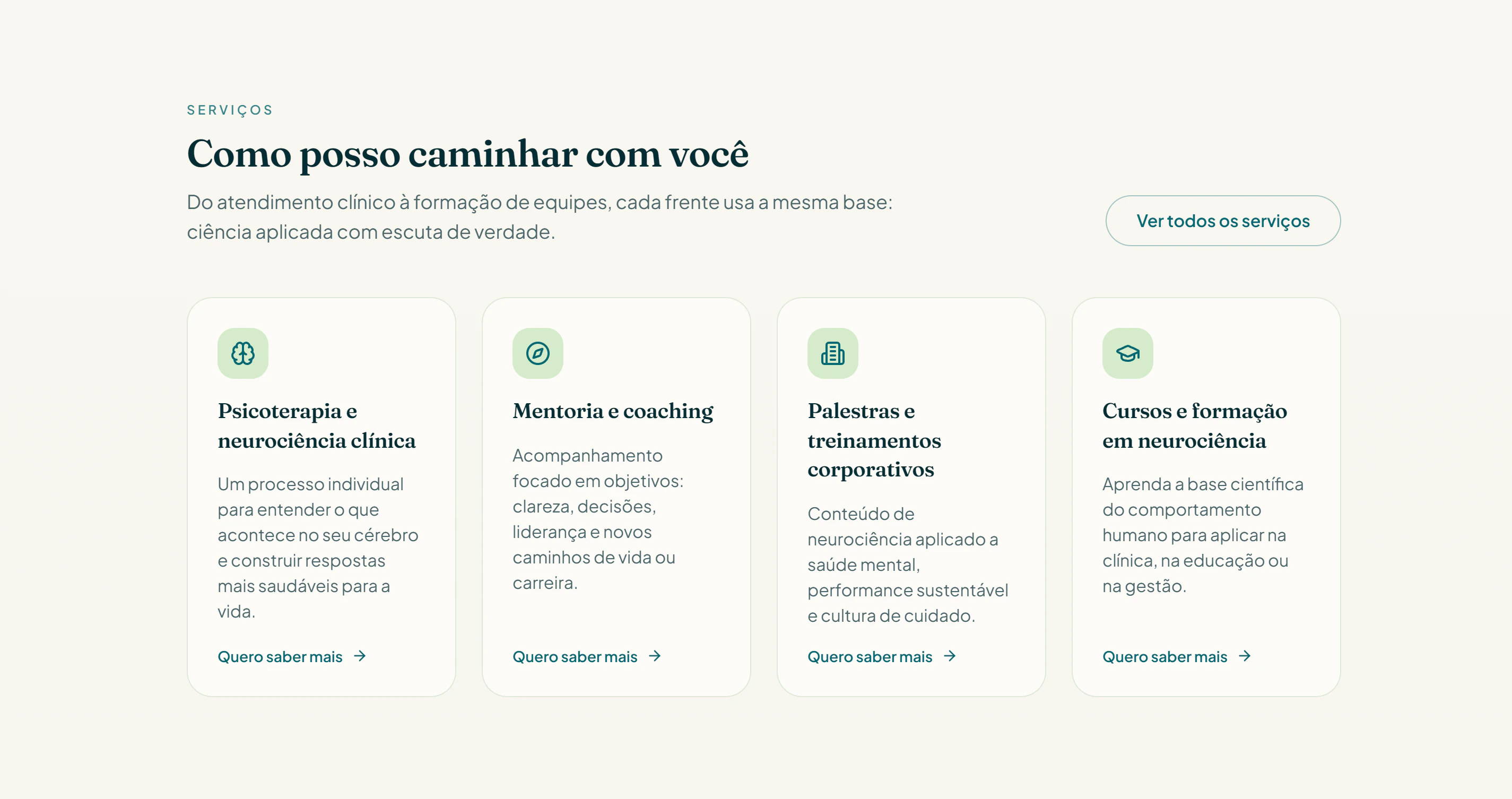 Seção de serviços em quatro frentes: psicoterapia, mentoria, palestras e cursos.